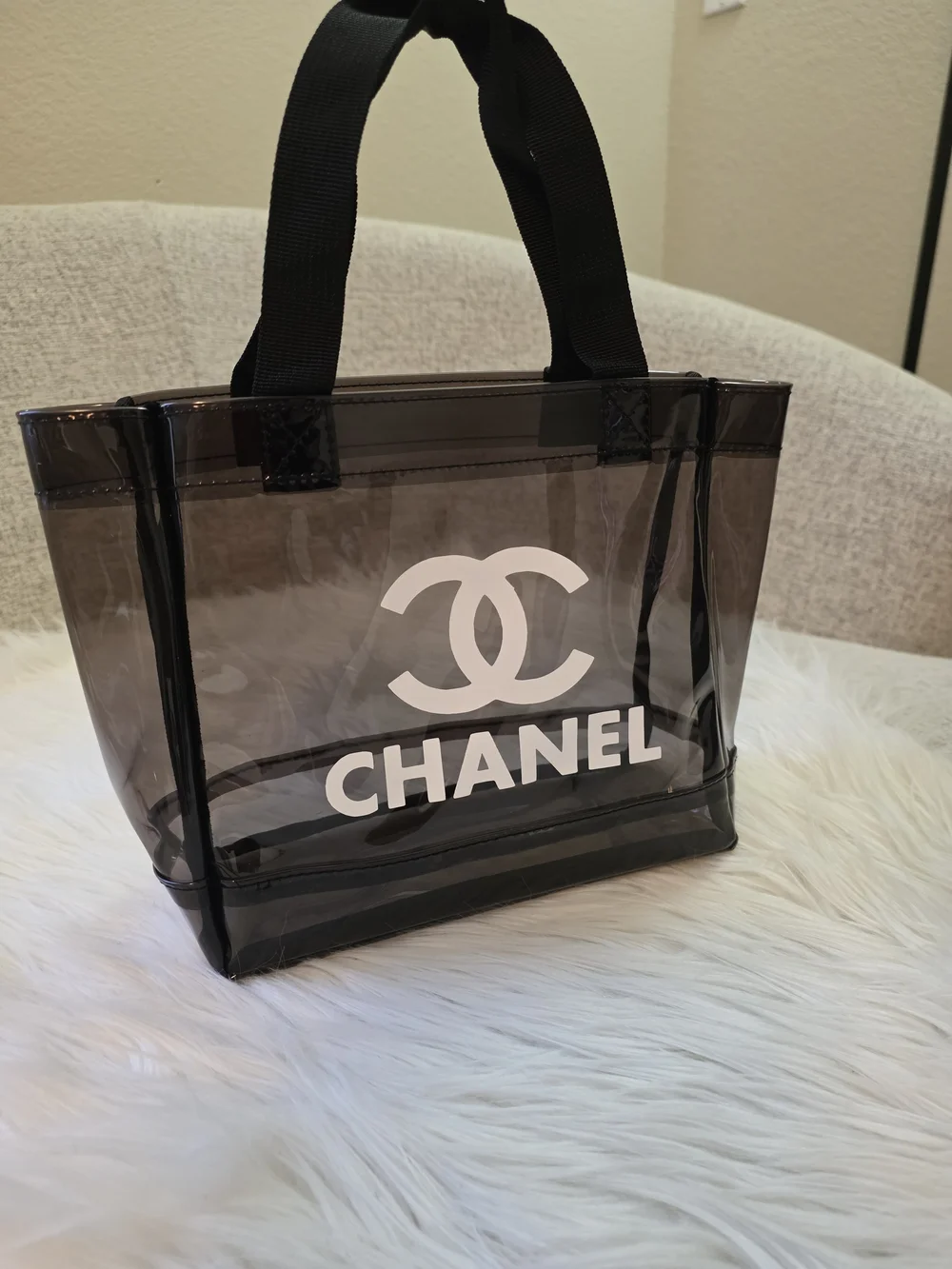 Clear Black Tote Bag with Signature Logo and Scarf Accent